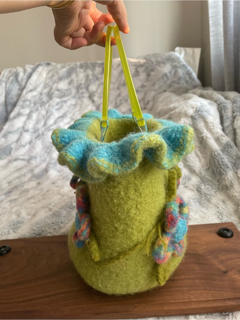 lime green felted wool purse with flowers - Picture 2 of 10